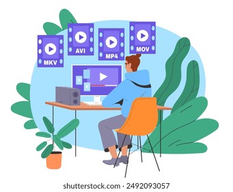 Man edits video. Young guy sits at computer and edits video. Graphic designer and animator at work. Freelancer and remote worker. Flat vector illustration isolated on white background