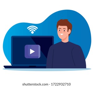 man in education online by laptop computer vector illustration design
