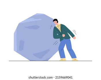 Man with an effort trying to push a big stone with punch, cartoon flat vector illustration isolated on a white background. Effort and challenge concept.