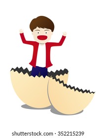 A man in an eggshell, surprise concept, character vector illustration.