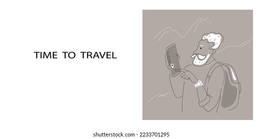 Man elderly male traveler is looking at a map on his phone. Vector doodle outline illustration for banner.