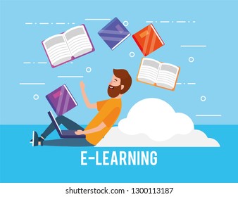 man with elearning laptop technology and books