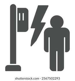 Man with electric box on pole solid icon, insurance concept. Vector graphics. Lightning risk at transformer and human sign on white background, glyph style icon for mobile or web design