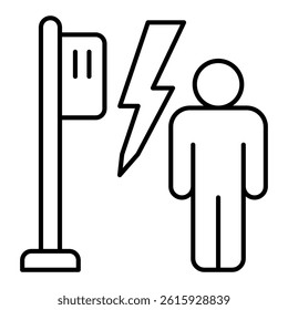 Man with electric box on pole thin line icon, insurance concept. Vector graphics. Electricity risk at control panel box, electrician sign on white background, linear style for mobile or design