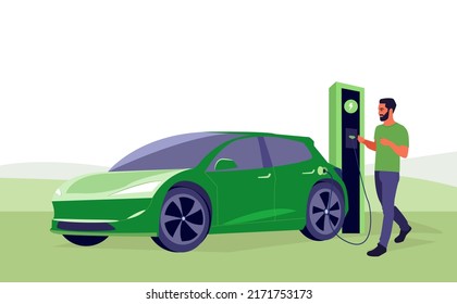 Man with electric car on charging station with green skyline. Battery EV vehicle plugged and getting electricity from renewable power generations. Vehicle being charged. Editable vector illustration