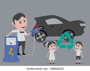 man electric car refueling and children holding recycling symbol