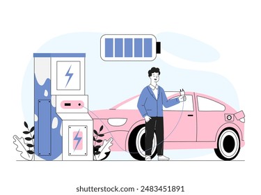 Man with electric car. Young guy charges environmentally friendly auto. Reducing release of hazardous waste and CO2 into atmosphere. Linear vector illustration isolated on white background