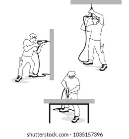 Man with electric drill making hole. 