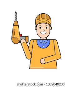 Man with electric drill, vector icon, flat design
