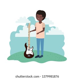 man with electric guitar in landscape character