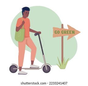 Man with electric scooter 2D vector isolated illustration. Nature care flat character on cartoon background. Colourful editable scene for mobile, website, presentation. Nerko One Regular font used