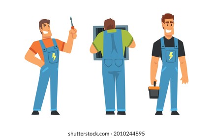 Man Electrician in Blue Overall with Professional Tools Engaged in Maintenance and Repair Electrical Infrastructure Vector Set