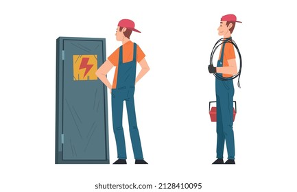 Electricista hombre en conjunto de vectores de cableado eléctrico de reparación global