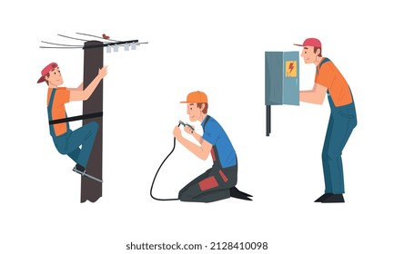 Man Electrician in Overall Fixing Electrical Wiring on Utility Pole and Cabinet Vector Set