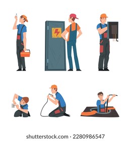 Man Electrician in Overall Fixing Electrical Wiring Vector Set