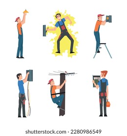 Man Electrician in Overall Fixing Electrical Wiring Vector Set