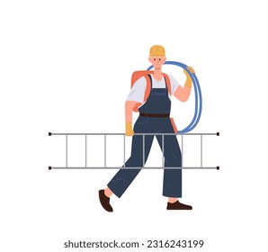 Man electrician in overalls, hardhat helmet carrying wire cable and step ladder vector illustration