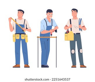 Man Electrician in Uniform with Wire, Drill and Tape Vector Set