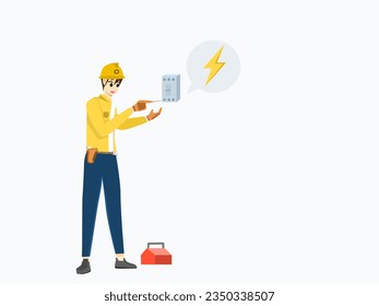 man electrician which is checking the power from the breaker controlling the electrical system with icon electrical and tool box isolated on background. Vector illustration cartoon technician, life 