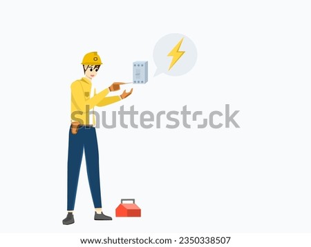 man electrician which is checking the power from the breaker controlling the electrical system with icon electrical and tool box isolated on background. Vector illustration cartoon technician, life 