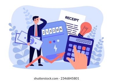 Man with electricity bills and calculator vector illustration. Cartoon drawing of confused man with banknotes, receipt, growing utility expenses, energy bills. Finances, household, economy concept