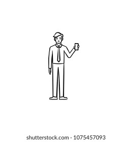Mann mit elektronischer Tablette handgezeichnet Umriss doodle Vektorsymbol. Ein Mann, der elektronische Geräte-Skizze-Illustration für Print, Web, Mobile und Infografiken einzeln auf weißem Hintergrund hält.