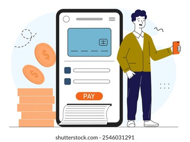 Man with electronic wallet. Young guy with smartphone with digital money. Cashless transfers and transactions. Online shopping. Linear vector illustration isolated on white background