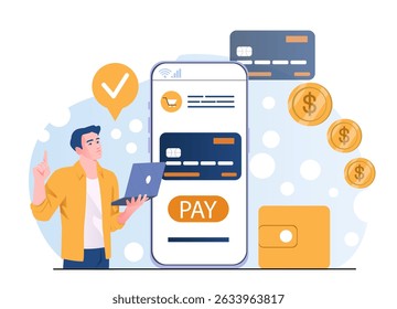 Homem com carteira eletrônica. Jovem rapaz com laptop perto de smartphone com cartão bancário. Transferências e transações sem dinheiro. Empresário com aplicação bancária. Ilustração de vetor plano