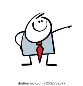 Man in elegant business suit points a finger in the direction, draws attention to important information. Vector illustration of  businessman at work in  office. Isolated person on white background.