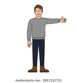 A man with an elegant face and a distinct smile. He wore a plain gray shirt, dark blue trousers, and brown boots. Flat vector modern illustration.