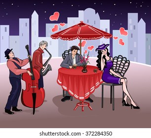 Man And Elegant Woman In A Summer Cafe. Romantic Date. Mutual Feelings. Night Meeting. Couple In Love. Street Musicians. Pleasant Chat Under The Stars. Valentine's Day. Vector Illustration.