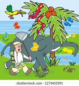 Man and elephant in tropical landscape. Funny vector illustration. Male, elephant, bird, snakes and butterflies. The man is on a scientific expedition.