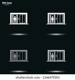 Man in elevator flat grayscale vector icon. Lift illustration.