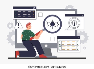 Der Mensch eliminiert das Virus. Moderne Technologie und Gefahren im Internet, Programmierer entfernt bösartige Dateien. Unternehmenssicherheit und -schutz, digitale Welt, Typ mit Loupe. Cartoon-Flavektor-Vektorgrafik