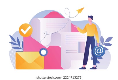 Man with Email. Guy takes out letter from envelope, metaphor for business correspondence. Communication and interaction on Internet. Poster or banner for website. Cartoon flat vector illustration
