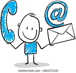 Man with the email icon. Doodle style vector illustration object isolated hand draw. Line art cartoon design character