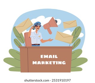 Man with Email marketing. Man with loudspeaker and envelopes. Communication in social networks and business correspondence. Internet promotion. Flat vector illustration isolated on white background