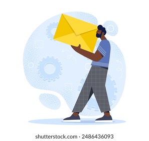 Man with Email. Young guy with large envelope in hands. Electronic mail and Internet messaging. Postal and mailing. Business communication and correspondence. Cartoon vector illustration