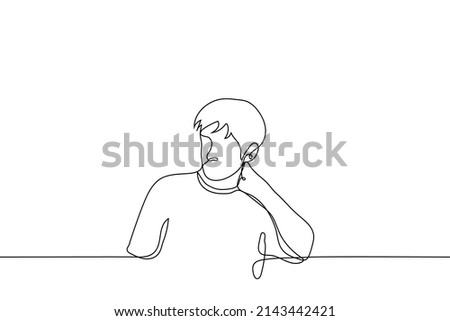 man is embarrassed rubbing the back of his neck - one line drawing vector. concept of doubt and indecision, neck problems, neck pain