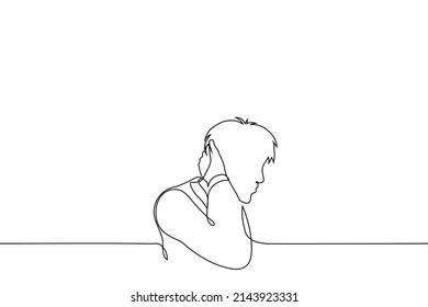 man is embarrassed and scratching the back of his head - one line drawing vector. concept of confusion, embarrassment, doubt and indecision