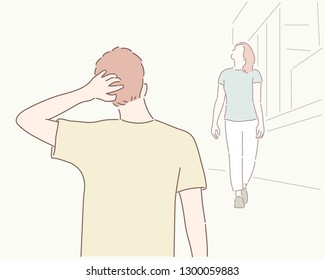 A man is embarrassed to see a woman walking from afar. The situation where I met a person I knew on the street. hand drawn style vector design illustrations.