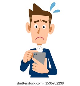 Man of the embarrassing expression to operate a cell-phone