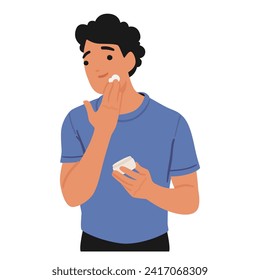 Man Embrace Beauty Routine, Applying Face Cream For A Refreshed Look. This Evolving Concept Highlights Self-care And Grooming As Integral To Modern Masculinity. Cartoon People Vector Illustration