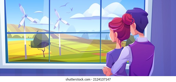 Man embrace girl and looking at window at rural landscape with fields and wind turbines. Vector cartoon illustration of couple standing in home and countryside with energy farm outside