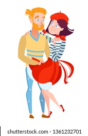 Man embraces a beautiful girl in a red beret and a full skirt, in a sweater with stripes. In love, the guy makes a proposal to the girl, a happy young couple. Vector illustration in cartoon style