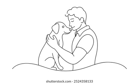 man embraces a dog in a heartfelt drawing continuous line art flat vector illustration on white background.