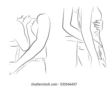 man embraces girl, black and white drawing, love relationship
