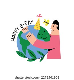 A man embraces the globe. Happy Birthday. Earth Day.