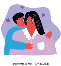 A man embraces his wife, girlfriend, lover. A man kisses his beloved. Embrace, display of feelings, tender attitude