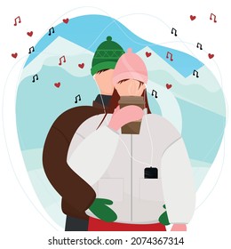 man embraces a woman holding a cup of tea or coffee and listening to music with headphones on the background of a winter landscape, mountains in the snow. Flat vector illustration in cartoon style